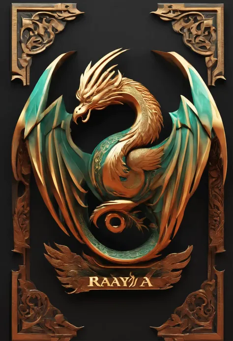 3D logo with the text "RAYA" behind which there are PHOENIX and DRAGON birds in the shape of a CARVING, gives a sturdy and futuristic impression, a dragon surrounds the text, with contrasting and strong colors, a combination of traditional and modern eleme...