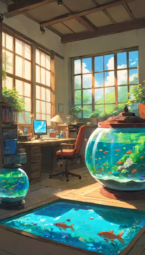 anime scene of a room with a fish tank and a desk, a digital painting by Kobayashi Kiyochika, pixiv contest winner, conceptual art, detailed scenery —width 672, detailed scenery, anime background art, anime nature, beautiful detailed scene, beautiful anime...