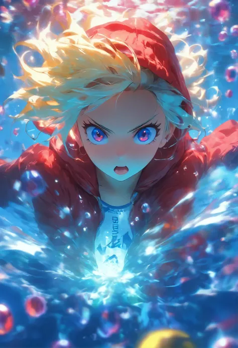 foreshortening, depth of field, masterpiece, best quality, 1girl, white messy hair, neon blue crystal eyes ,wearing red long scarf, underwater, air bubble, solo, looking at viewer, wearing oversized yellow hoodie , swimming, dappled sunlight , masterpiece