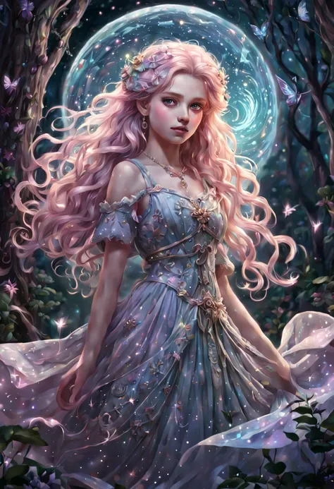 1girl, Amidst a moonlit forest, a young girl with flowing, pastel-colored hair stands surrounded by a swirl of sparkling stardust. Clad in a shimmering, frilly dress adorned with intricate magical symbols, she wields a staff that radiates a soft, ethereal ...