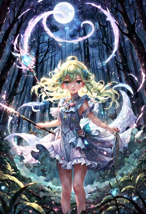 1girl, Amidst a moonlit forest, a young girl with flowing, pastel-colored hair stands surrounded by a swirl of sparkling stardust. Clad in a shimmering, frilly dress adorned with intricate magical symbols, she wields a staff that radiates a soft, ethereal ...