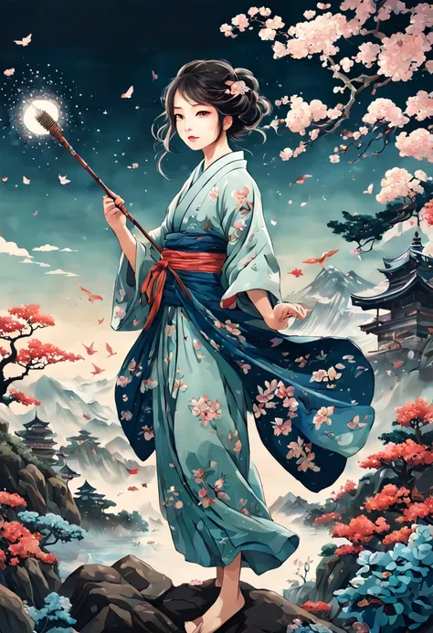 1girl, A young Magical Girl, gracefully casting a spell with her wand, surrounded by enchanting flora and fauna, radiating magical energy. The scene should evoke a sense of wonder and mystery. The style should emulate the intricate brushwork and delicate l...