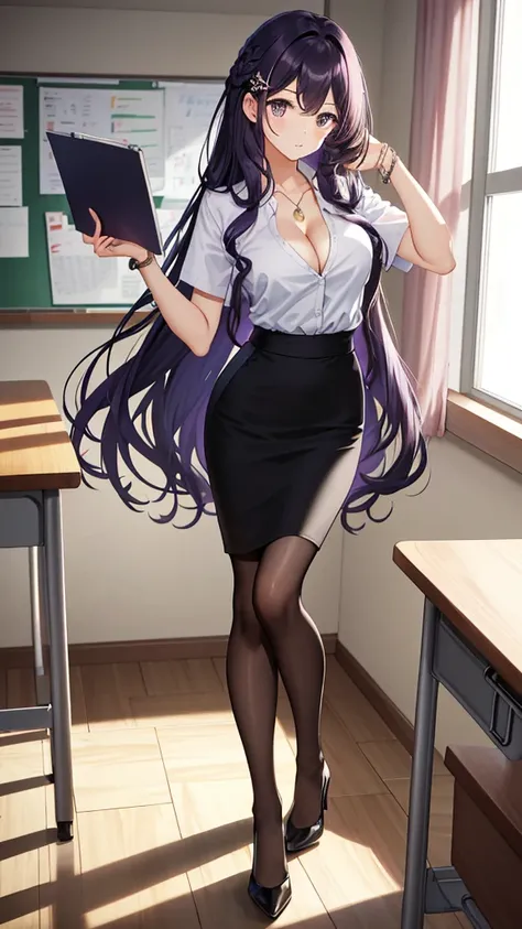 masterpiece, best quality, beautiful sexy teacher with pencil skirt posing in classroom, holding file cabinet, 1girl, full body, solo, desk, short sleeve shirt, skirt, classroom, underwear, open collar shirt, breasts, bra, bracelet, wrist watch, cleavage, ...