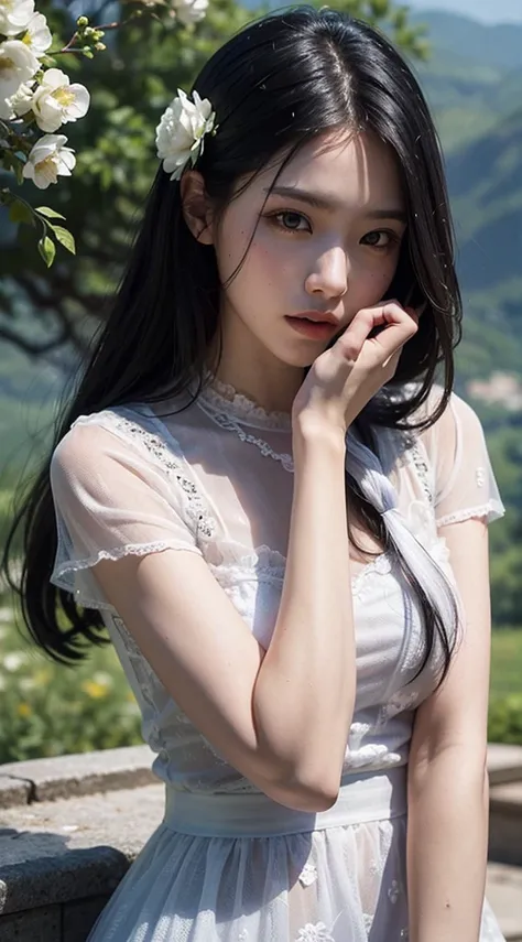 1 girl, Close-up of upper body portrait, black hair, flowing hair, Hazy beauty, Extremely beautiful facial features, Purple embroidered dress, Hairpin on the head, Lie in the flowers, hands on face, perfect anatomy, white flower, (spring, rain, Terraces, M...