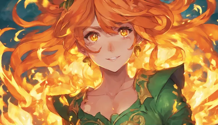 Bomb anime girl, made of liquid orange flames, glowing green and yellow eyes, can self destruct, fanged  evil grin, floating glowing orbs of fire, masterpiece, best quality