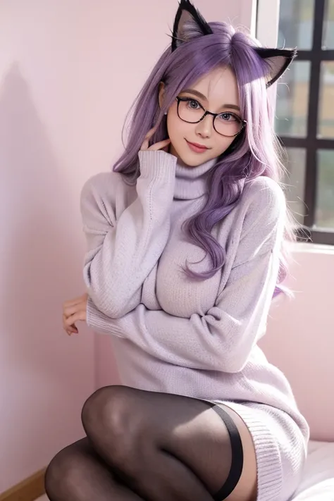 masterpiece, best quality, 1girl, ((looking at viewer)), lilac hair, purple eyes, long hair,  ahoge, sweater, sweater skirt, pantyhose, 163cm, hair between eyes, large breasts, adult, 33 years old, mature, glasses, solo, sole, smile, cat ears, cat tail, fa...