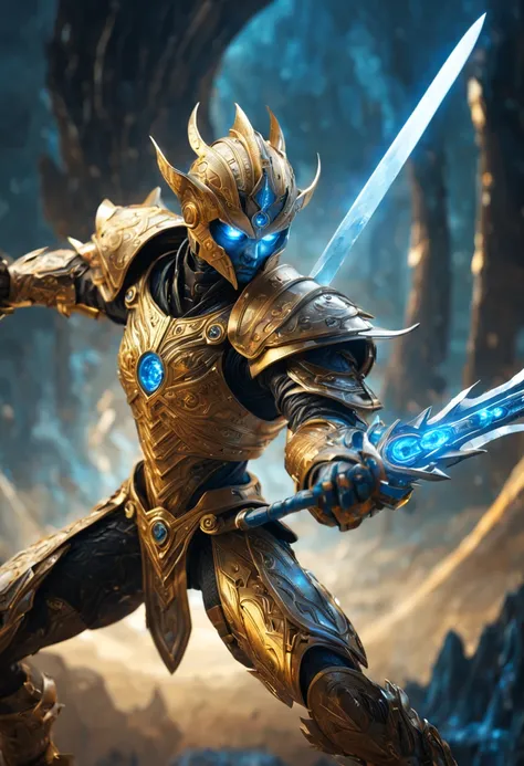 
            Golden stunning mechanical warrior with glowing blue eyes and glowing crystal sword fighting stance, attack posture, Sword holding posture,

               Abstract background magic swirl with sophisticated features in a sci-fi environment,灯光 ...