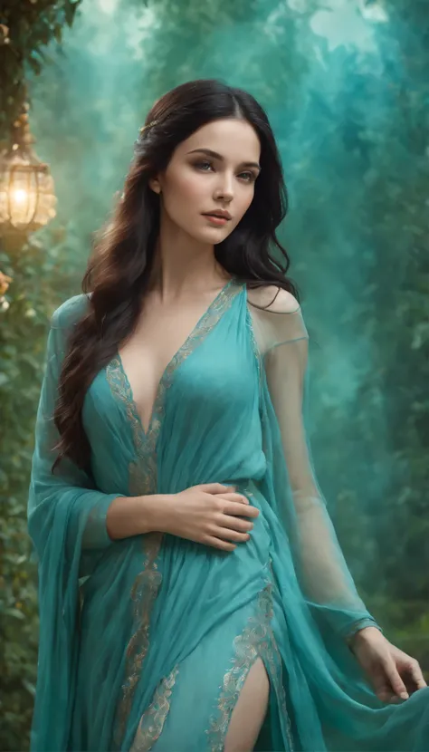 A young beautiful woman, goddess of spirit, long black hair, perfect body, perfect round breast, soft and attractive, wearing ancient styled cyan peplos dress, standing and starring, wonderful spiritual particles around her, high resolution, fantasy photo,...