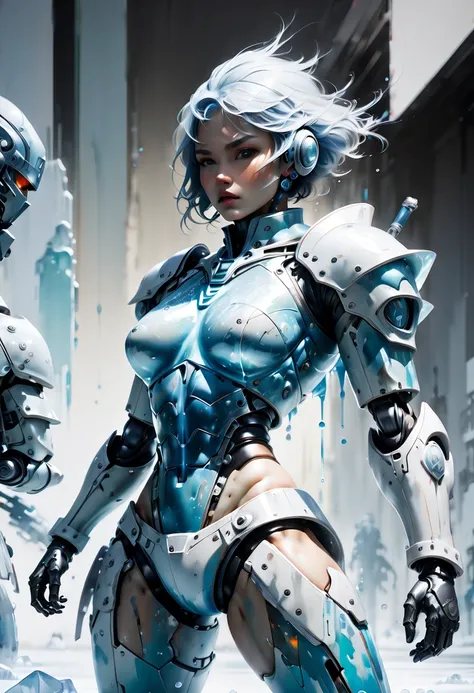 futuristic warrior made of ice, by ashley wood, (Motion Blur, best composition), (best quality, masterpiece, Representative work, official art, Professional, Ultra high detail, 8k:1.3)