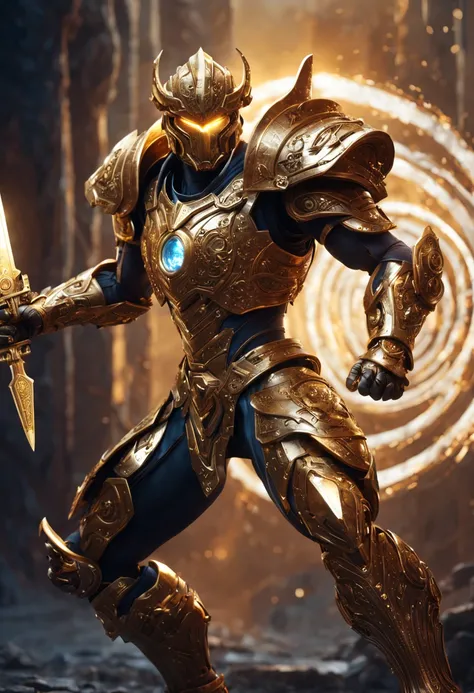 
            Golden stunning mechanical warrior with glowing crystal sword fighting stance, attack posture, Sword holding posture,

               Abstract background magic swirl with sophisticated features in a sci-fi environment,灯光 hyper-realistic  实际的, ...