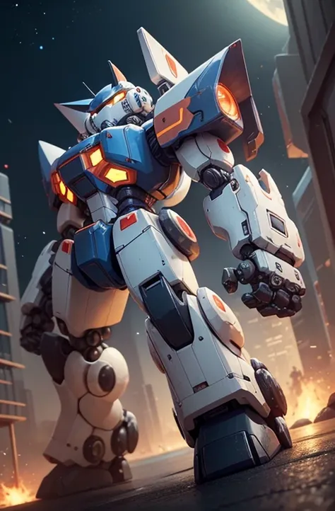 a cute mecha, robot cat, mecha, no humans, action pose, night cty