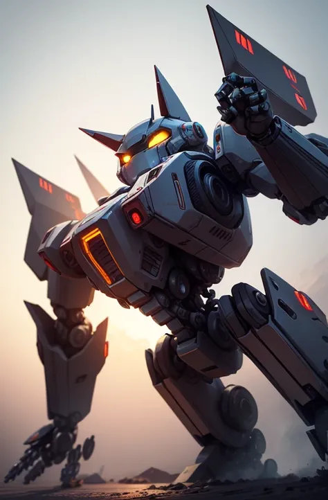 a cute mecha, robot cat, mecha, no humans, action pose, night cty