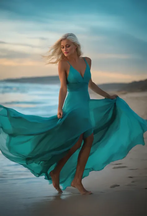 Charming Lucy, with platinum blonde hair cascading down her shoulders, twirls gracefully in a flowing turquoise silk dress. She dances barefoot on the beach, 

