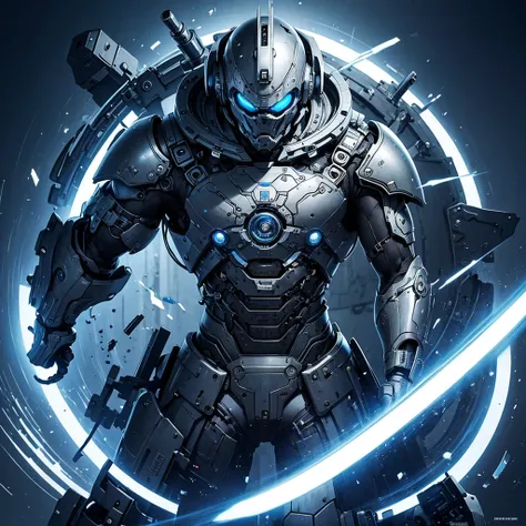 silver black blue tone,true，glowing，realistic cool hip hop style，a man covered in machines，half face machine，holding sword and g...