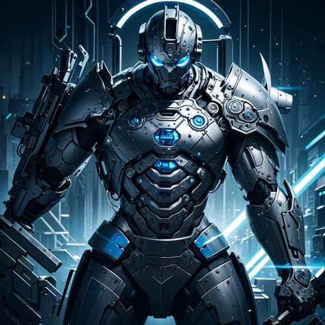 silver black blue tone,true，glowing，realistic cool hip hop style，a man covered in machines，half face machine，holding sword and g...