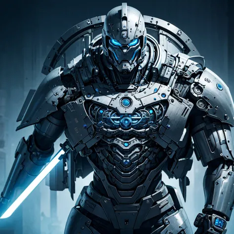 silver black blue tone,true，glowing，Realistic cool hip hop style，A man covered in machines，half face machine，Holding sword and gun，Mechanical Warrior，Extremely intricate details，best quality，masterpiece