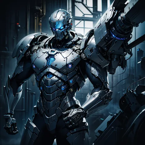 silver black blue tone,true，glowing，realistic cool hip hop style，a man covered in machines，half face machine，holding sword and g...