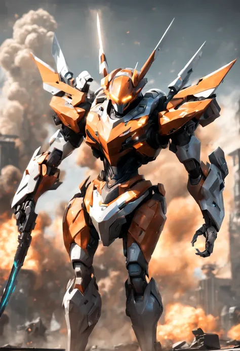 (best quality,4k,8k,highres,masterpiece:1.2),ultra-detailed,(realistic,photorealistic,photo-realistic:1.37),mecha warrior in action,sci-fi,metallic armor,advanced weapon systems,explosions,destructive power,seamless integration,technological advancements,c...