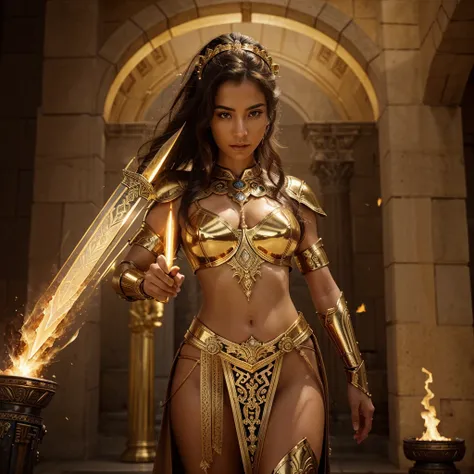 Create an image of an imposing and majestic Greek goddess, clad in golden armor exuding elegance and power. Her posture should exude confidence and serenity, radiating an aura of divinity. The radiant glow of the golden armor should envelop her, highlighti...