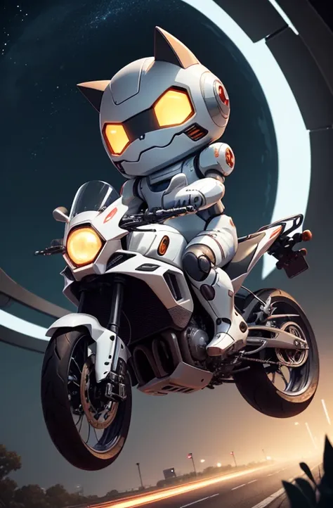 a cute mecha, happy robot cat, mecha, no humans, riding a motorcycle, night cty, from below