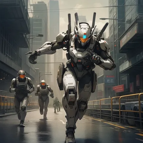 mechanical soldier teams, 2050, running in city 