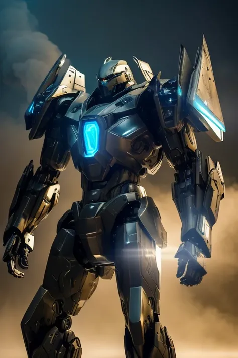 "A futuristic Mecha Warrior in a sci-fi battlefield, wearing a sleek, metallic armor with glowing LED lights. The warrior has a fierce expression and determined eyes, radiating confidence. The armor is highly detailed, with intricate mechanical parts and p...