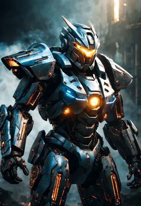 "a futuristic mecha warrior in a sci-fi battlefield, wearing a sleek, metallic armor with glowing led lights. the warrior has a ...