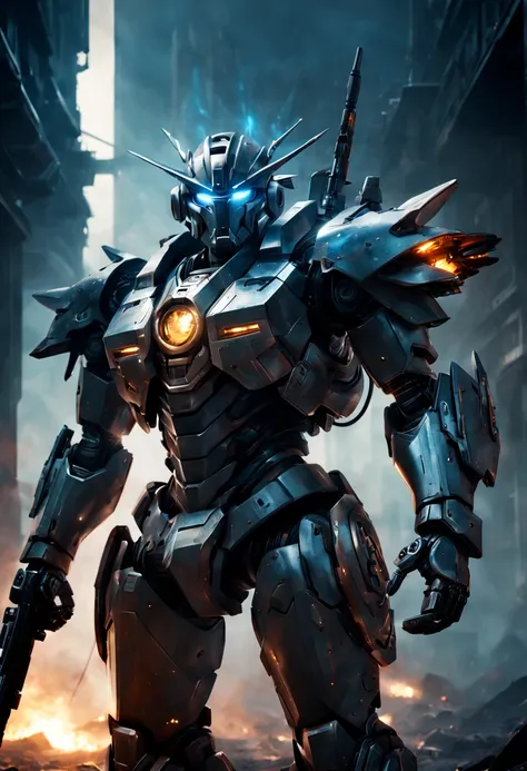 "a futuristic mecha warrior in a sci-fi battlefield, wearing a sleek, metallic armor with glowing led lights. the warrior has a ...