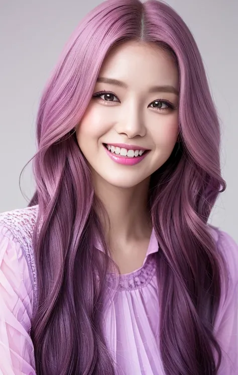 realistic, Best quality, 2024 trend makeup for korean female model, Two-Tier Inverted lilac hair, long wavy hair, swept bangs,, editorial fashion, colorful blouse, transparent/translucent medium, detailed eyes, magenta plump lips, happy smile with sharp te...