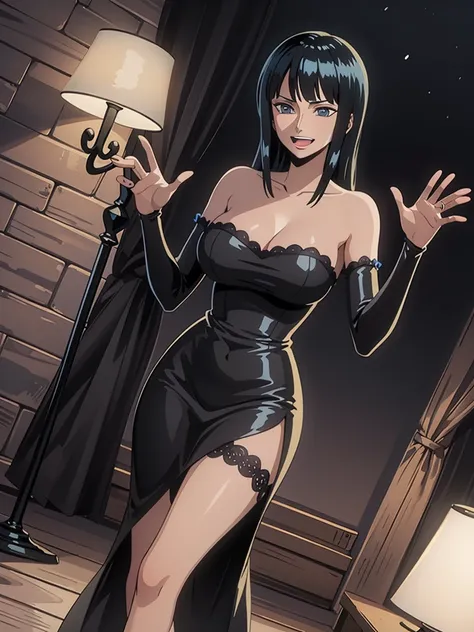 nico_robin, dress, black long dress, bare shoulders, big breasts
break 
full body view, full body shot, contraposto
break 
evil ...