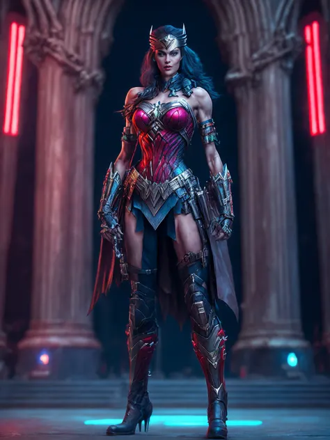 (((full body photo))) Portrait, Zombie Wonder Woman from DC, biomechanical, complex robot, full growth, hyperrealistic, insane small details, extremely clean lines, cyberpunk aesthetic, masterpiece unveiled at Zbrush Central, gothic brutalist cathedral, cy...