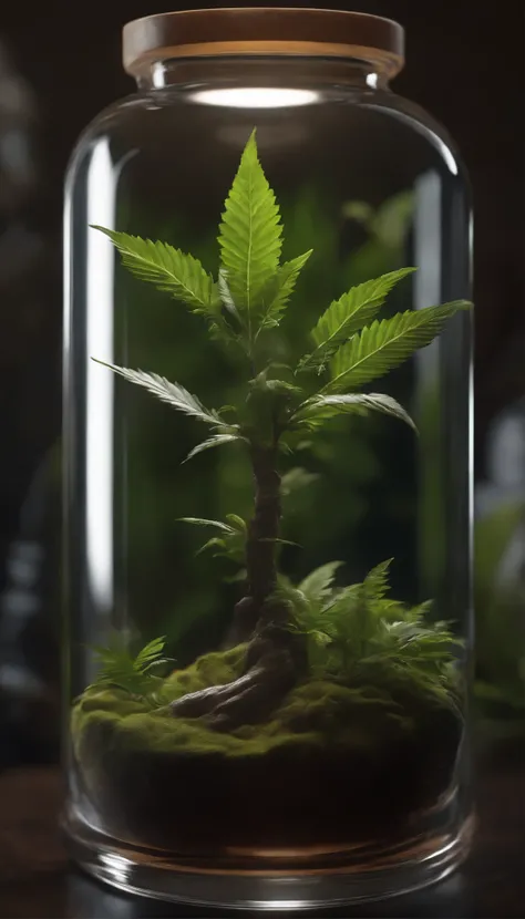 A Dark art tree in a bottle, fluffy, realistic, photographic, canon, dreamy, artistic, splendid cannabis leaves and branches with buds above its head. Greg Rutkowskis Ultra Detailed Photo Realism - H1024W 804 | F16 Lens Markers 2:2 S 35555 mm Film Particle...