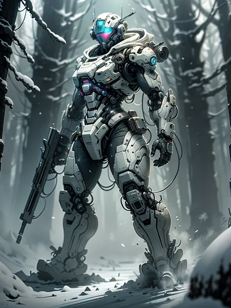 （Full body image），cyberpunk characters，middle，(A futuristic sci-fi warrior wearing a white mechanical suit lies on his side in the snow，Holding a high-tech sniper rifle to aim at the target，Made of vibranium，Fine machinery，electric wire，gear，Luxurious text...