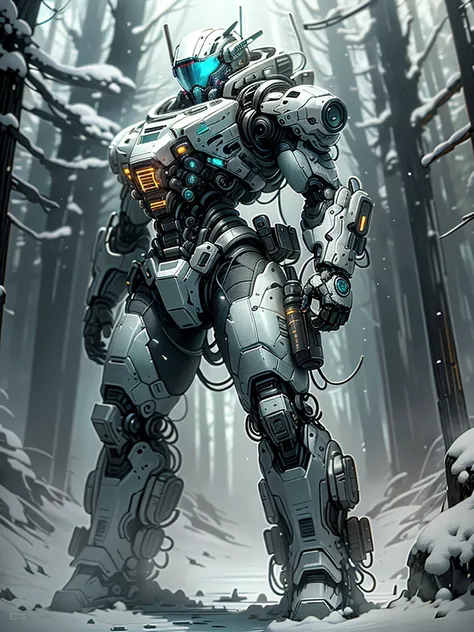 （Full body image），cyberpunk characters，middle，(A futuristic sci-fi warrior wearing a white mechanical suit lies on his side in the snow，Holding a high-tech sniper rifle to aim at the target，Made of vibranium，Fine machinery，electric wire，gear，Luxurious text...