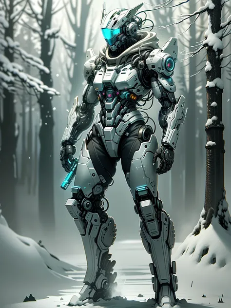 （Full body image），cyberpunk characters，middle，(A futuristic sci-fi warrior wearing a white mechanical suit lies on his side in the snow，Holding a high-tech sniper rifle to aim at the target，Made of vibranium，Fine machinery，electric wire，gear，Luxurious text...