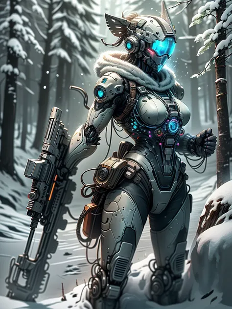 （Full body image），cyberpunk characters，middle，(A futuristic sci-fi warrior wearing a white mechanical suit lies on his side in the snow，Holding a high-tech sniper rifle to aim at the target，Made of vibranium，Fine machinery，electric wire，gear，Luxurious text...