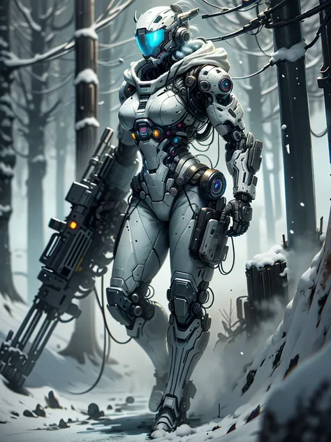 （Full body image），cyberpunk characters，middle，(A futuristic sci-fi warrior wearing a white mechanical suit lies on his side in the snow，Holding a high-tech sniper rifle to aim at the target，Made of vibranium，Fine machinery，electric wire，gear，Luxurious text...