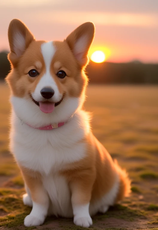 Feliz pequeno corgi，Squint your eyes at you，The expression doesn&#39;t like what you mean，，fotografia de perto，the sunset，80mm，f/1.8，graus de liberdade，Bokeh，profundidade de campos，subsurface scattering，Pontilhismo