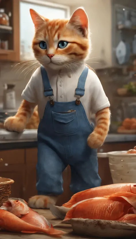 cat&#39;s eyes, Muscular cat, white shirt, overalls, Happy, steal fish from the supermarket, by Kenket, (sharp focus, masterpiece, 8K, intricate artwork, very detailed, high detail)