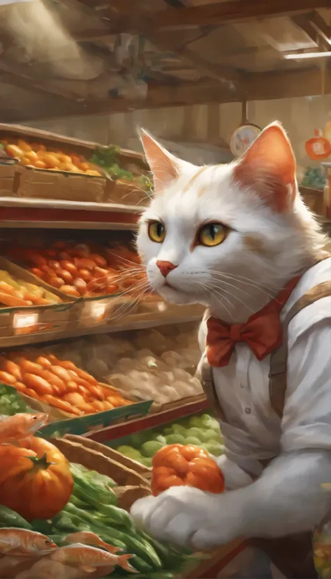 cat&#39;s eyes, Muscular cat, white shirt, overalls, supermarket, Inside the store, Add fish and steal the fleeing fish, by Kenket, (sharp focus, masterpiece, 8K, intricate artwork, very detailed, high detail)