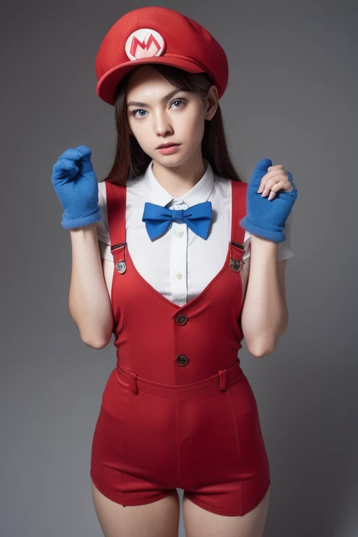 (female Mario), character design, Nintendo Super Mario, (blue eyes, red hat, red suit, blue suspenders, white gloves, )super cute blind box style, chibi, full body, exaggerated expressions and actions, clean background, bright iridescent highlights, studio...