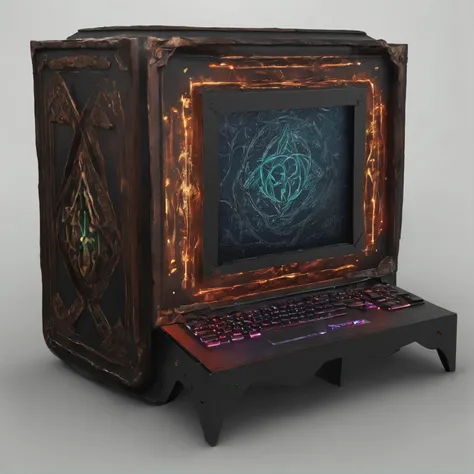 (Best quality,4K,8K,A high resolution,Masterpiece:1.2),Ultra-detailed,(Realistic,Photorealistic,photo-realistic:1.37), 8k computer render, multiple ports, a gaming monitor, custom computer, glowing rune symbols on the left and the right of the trackpad, de...