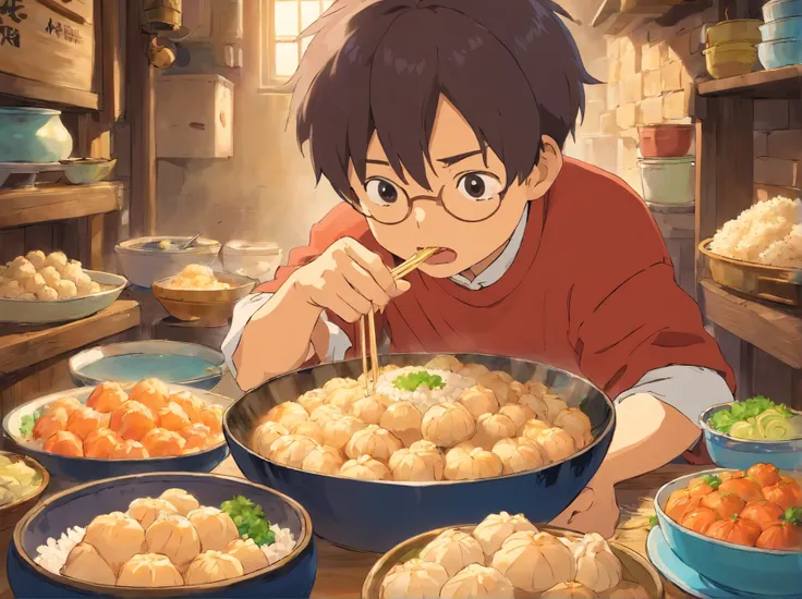 A boy who is a glutton and eats shumai and large servings of rice.