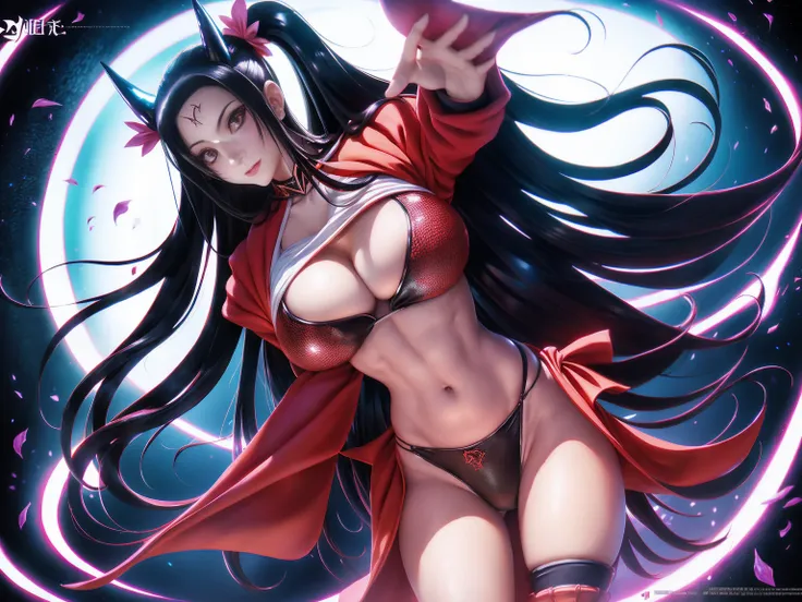 foto ultra realista de Nezuko kamado deusa da beleza, 8k, UHD, hottie com seios ultra gigantes, enormes seios longos saindo de seu quimono, with long hair and a sexy pink Japanese kimono, She doesnt wear panties showing , pelos ossos pubianos mostrando, Ne...