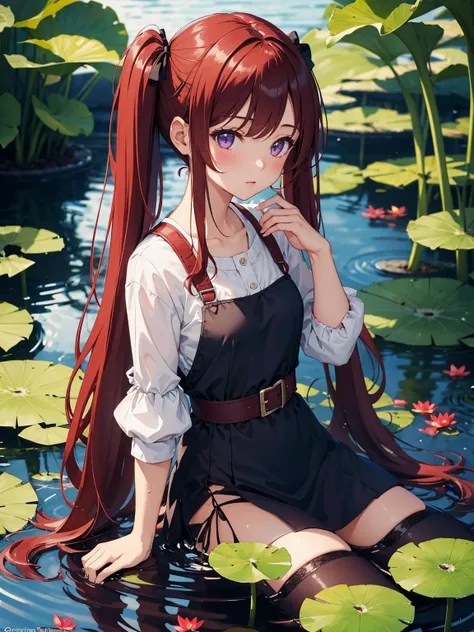 masterpiece, 1 girl, short twintails, red hair, purple eyes, Wallpaper, summer pond, pond, afternoon sun, surrounded by lotus leaves, pond background, depth of field, hot weather, high definition detail, wet, ultra detail, movie, soft light, deep field foc...