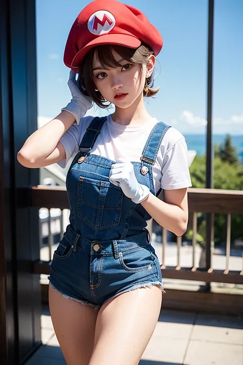 (female Mario), character design, Nintendo Super Mario, (blue eyes, red hat, red suit, blue suspenders, white gloves, )super cute blind box style, chibi, full body, exaggerated expressions and actions, clean background, bright iridescent highlights, studio...