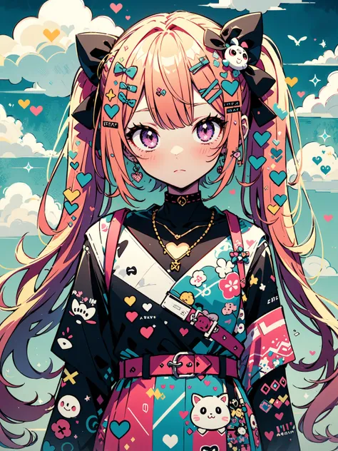 "kawaii, Cute,1 girl, short twintail, red hair, purple eyes,  She wears sky-themed clothing with clouds and sky motifs. Her outfit is fluffy and soft, With decora accessories like hair clips. She embodies a vibrant and trendy Harajuku fashion style."