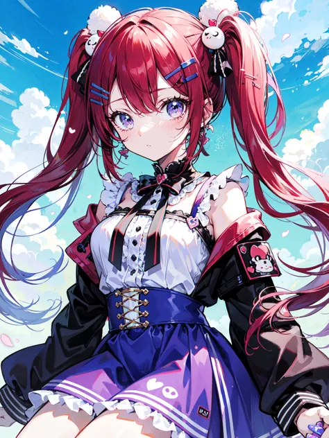 "kawaii, Cute,1 girl, short twintail, deep red hair, purple eyes,  She wears sky-themed clothing with clouds and sky motifs. Her outfit is fluffy and soft, With decora accessories like hair clips. She embodies a vibrant and trendy Harajuku fashion style."