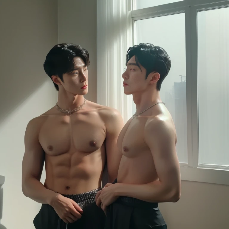 Two handsome Kpop idols, dressed in pristine, matching outfits, exude an irresistible allure as they servicolently cater to their enchanting, sophisticated boss. The atmosphere is heavy with nsfw undertones, as sensual echoes of eroticism reverberate throu...