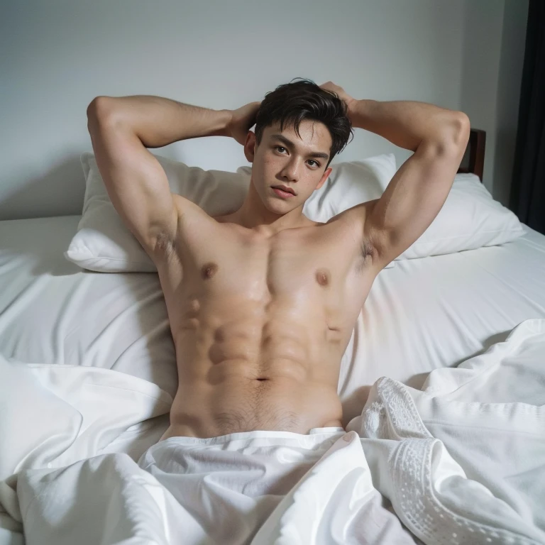 best qualtiy，（realisticlying：1.4）， tmasterpiece， Kodak Portra 400， white bed sheet，Lie flat on the bed,（Face focus：1.3），1boys ，white skinned，Show muscles， posing on a， looking at viewert ， sface focus
